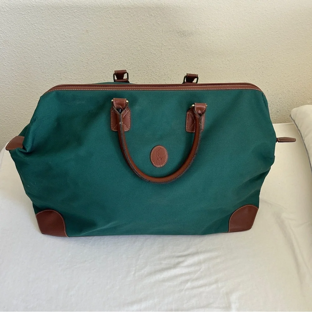 Ralph Lauren Luggage Duffle Bag Green Brown Travel Overnight Sports